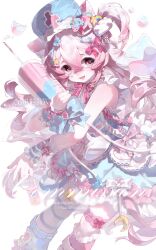  1girl :d absurdres animal_ear_fluff animal_ears asymmetrical_legwear blue_bow blue_dress blue_wrist_cuffs bow bowtie candy_hair_ornament cat_ears cat_girl cellphone cellphone_charm charm_(object) cloud_hair_ornament commission crescent crossed_bangs dress dress_bow facial_mark feet_out_of_frame flip_phone food-themed_hair_ornament frilled_dress frilled_wrist_cuffs frills hair_between_eyes hair_bow hair_ornament hairclip hat highres holding holding_phone holding_syringe huai_nian_nian large_syringe long_hair looking_at_viewer mihuashi_commission mismatched_legwear nail_art nurse nurse_cap one_side_up open_mouth original oversized_object phone pink_bow pink_eyes pink_hair pink_nails pink_thighhighs rainbow_hair_ornament red_bow red_bowtie smile solo star_(symbol) star_facial_mark star_hair_ornament striped_clothes striped_thighhighs syringe tareme thigh-highs unicorn_hair_ornament very_long_hair watermark white_background white_bow white_thighhighs wrist_cuffs 