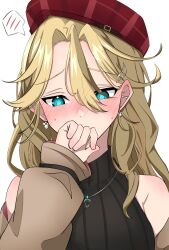  1girl bare_shoulders blonde_hair blush carole_reaper carole_reaper_(carnival_rendezvous) commentary_request earrings hair_ornament hairclip hat heaven_burns_red highres jewelry long_hair looking_down necklace rai_25104 short_sleeves speech_bubble thought_bubble upper_body 