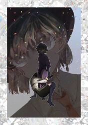  2girls :| absurdres barefoot black_hat black_skirt blonde_hair border brown_eyes brown_hair closed_mouth collared_dress collared_shirt commentary_request confetti diamond_(gemstone) dress dutch_angle flashlight full_body hat hawao highres holding holding_flashlight hugging_another's_leg looking_at_viewer maribel_hearn medium_hair mob_cap multiple_girls multiple_views necktie portrait purple_dress red_eyes red_necktie shirt shirt_tucked_in short_sleeves skirt standing touhou usami_renko white_hat white_shirt 