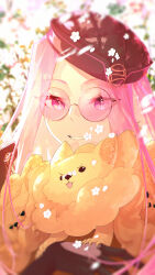  1girl animal cerberus coat ddd-loong dog fate/grand_order fate_(series) forehead glasses gloves hat highres long_hair looking_at_viewer medusa_(celebratory_attire)_(fate) medusa_(fate) medusa_(saber)_(fate) official_alternate_costume parted_bangs pink-tinted_eyewear purple_hair round_eyewear smile solo sunglasses sweater tinted_eyewear violet_eyes 