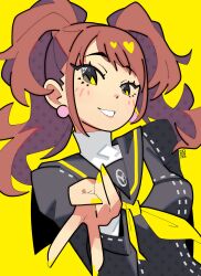  1girl :d absurdres black_eyes black_jacket black_sailor_collar bourbunbun brown_eyes brown_hair commentary earrings english_commentary eyelashes gyaru_v highres jacket jewelry kujikawa_rise long_hair long_sleeves looking_at_viewer multicolored_eyes neckerchief open_mouth persona persona_4 sailor_collar school_uniform smile solo star_(symbol) twintails upper_body v yasogami_school_uniform yellow_background yellow_eyes yellow_nails yellow_neckerchief 