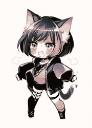  1girl animal_ear_fluff animal_ears asymmetrical_legwear bang_dream! black_choker black_hair black_jacket black_shoes blush bob_cut cat_ears cat_girl cat_tail chibi chibi_only choker film_grain frown greyscale highres jacket kemonomimi_mode legs_apart long_sleeves looking_ahead mamaloni medium_hair mitake_ran monochrome multicolored_hair neck_flower open_clothes open_jacket open_mouth partially_colored puff_of_air puffy_sleeves shoes simple_background socks solo standing streaked_hair sweatdrop swept_bangs tail tantrum thigh_strap two-tone_hair v-shaped_eyebrows white_background 