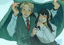  1boy 1girl ^_^ black_hair blue_eyes blush closed_eyes commentary earrings hairband highres jacket_mine jewelry laughing necktie rain red_necktie smile spy_x_family suit twilight_(spy_x_family) upper_body vest yor_briar 
