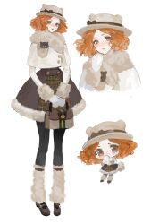  1girl absurdres arm_warmers bag bai_yu_tang black_bow black_dress black_pantyhose black_ribbon blush bow brown_bag brown_eyes brown_shoes capelet chibi chinese_commentary commentary_request commission dress full_body fur-trimmed_dress fur_arm_warmers fur_scarf fur_trim green_dress green_hat hand_up hat hat_bow hat_ribbon hat_with_ears highres holding holding_bag layered_dress leg_warmers long_sleeves looking_at_viewer mittens multiple_views okumura_haru orange_hair pantyhose parted_lips persona persona_5 plaid_clothes plaid_dress ribbon shoes simple_background standing wavy_hair white_background white_capelet white_leg_warmers white_mittens 