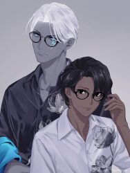  2boys adjusting_eyewear alternate_costume aopix_001 arjuna_(fate) artist_name bespectacled black-framed_eyewear black_eyes black_hair black_shirt blue_eyes closed_mouth collarbone collared_shirt colored_sclera colored_skin commentary_request dark-skinned_male dark_skin earrings facial_mark fate/grand_order fate_(series) floral_print glasses grey_background grey_sclera grey_skin hair_behind_ear hand_up highres indra_(fate) jewelry lightning_bolt_facial_mark lightning_bolt_symbol looking_at_another looking_at_viewer male_focus multiple_boys necklace round_eyewear shawl shirt short_hair simple_background smile tattoo twitter_username upper_body white_hair white_shirt wing_collar 