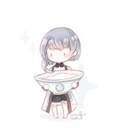  1girl bare_legs barefoot black_collar black_dress black_eyes blunt_bangs blunt_ends blush_stickers bob_cut bowl chibi chinese_clothes chinese_commentary collar commentary_request detached_collar downturned_eyes dress food grey_hair holding holding_food interruption_(echo-023) jacket looking_at_food mandarin_collar nikki_(series) no_mouth open_clothes open_jacket oversized_food oversized_object pleated_dress rice_bowl see-through_clothes see-through_jacket shadow shining_nikki short_dress short_hair_with_long_locks signature simple_background single_sidelock sleeveless sleeveless_dress solid_oval_eyes solo sparkle standing white_background white_jacket yexiao_(shining_nikki) 