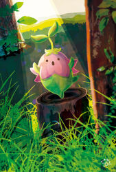  arms_up commentary digimon digimon_(creature) flower forest grass highres hill lalamon leaf leg_up light_rays nature no_hands no_humans on_tree_stump open_mouth outdoors pants plant_monster plant_on_head solid_circle_eyes solo sprout_on_head standing standing_on_one_leg sunbeam sunlight tall_grass tree tree_stump yam_retsu 