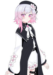  1girl absurdres belt beret black_choker black_coat black_hat center_frills choker closed_mouth coat collared_coat commentary flower flower-trimmed_shorts flower-trimmed_sleeves frills gradient_hair hair_flower hair_ornament hat hat_flower hat_ribbon highres konjackseijin long_sleeves mahou_shoujo_no_majo_saiban multicolored_hair neck_ribbon o-ring o-ring_thigh_strap pants pink_eyes pink_hair ribbon sakuraba_ema shirt short_hair shorts simple_background sleeveless sleeveless_coat smile solo thigh_strap untranslatable_commentary white_background white_flower white_hair white_pants white_ribbon white_shirt white_shorts white_sleeves x_hair_ornament 