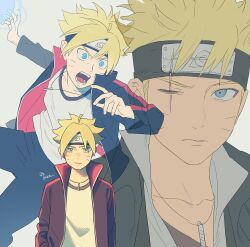  2boys black_headband black_jacket black_pants blonde_hair blue_eyes boruto:_naruto_next_generations boruto:_two_blue_vortex boruto_(series) chest_tattoo commentary_request dual_persona energy_ball eyebrow_cut facial_mark forehead_protector headband highres jacket jewelry jungeoljungeol korean_commentary light_frown male_focus multiple_boys naruto_(series) necklace one_eye_closed open_mouth pants rasengan scar scar_across_eye scar_on_face serious tattoo uzumaki_boruto whisker_markings 