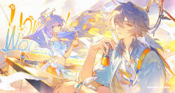  1boy 1girl absurdres against_railing bird blue_eyes blue_hair bottle brother_and_sister can character_name chinese_commentary commentary_request drink_can earrings fanta floating_hair hair_between_eyes hair_intakes halo hand_on_railing head_wings highres holding holding_bottle holding_can honkai:_star_rail honkai_(series) hoop_earrings jewelry looking_at_viewer multicolored_hair nail_polish necklace official_alternate_costume orange_eyes orange_hair orange_nails orange_skirt outdoors railing renjian_shilian robin_(fanta)_(honkai:_star_rail) robin_(honkai:_star_rail) shirt siblings skirt soda_bottle soda_can streaked_hair sunday_(fanta)_(honkai:_star_rail) sunday_(honkai:_star_rail) warm_colors white_bird white_shirt white_wings wings 