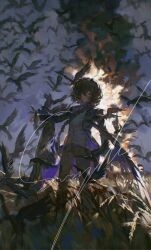  1boy absurdres bird black_bird black_jacket black_pants braid character_request clouds commission copyright_request crow field fire full_body grey_shirt grey_vest hair_between_eyes hair_intakes heise_de_changhong highres jacket long_hair long_sleeves male_focus mihuashi_commission multicolored_hair open_clothes open_jacket outdoors outstretched_arm pants parted_lips purple_streaks sample_watermark shirt single_braid smoke solo standing streaked_hair suit suit_jacket too_many too_many_birds very_long_hair vest violet_eyes waistcoat watermark wheat_field 