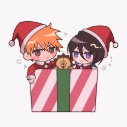  1boy 1girl :3 alternate_costume black_hair bleach blush_stickers box brown_eyes chibi chibi_only christmas closed_mouth commentary frown fur-trimmed_sleeves fur_trim gwao_(_ul_13) hair_between_eyes hat heart highres in_box in_container kon_(bleach) kuchiki_rukia kurosaki_ichigo long_sleeves looking_at_viewer medium_hair notice_lines orange_hair pom_pom_(clothes) red_hat santa_costume santa_hat short_hair simple_background smile spiky_hair star_(symbol) stuffed_animal stuffed_lion stuffed_toy untranslatable_commentary upper_body v-shaped_eyebrows violet_eyes white_background 