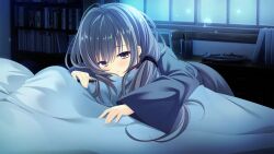  1girl bed bed_sheet black_eyes black_hair black_kimono blanket da_capo da_capo_v game_asset half-closed_eyes highres holding holding_blanket holding_pen japanese_clothes kimono kisaragi_yuu_(kisaragiyu) long_hair lying night non-web_source official_art pen side_ponytail tokisaka_yukina visual_novel_cg wide_sleeves 
