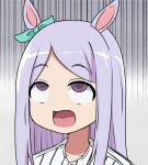  1girl ahegao animal_ears baseball_jersey bow commentary_request hair_bow horse_ears horse_girl mejiro_mcqueen_(umamusume) open_mouth portrait purple_hair rolling_eyes solo super_masara super_masara_ahegao umamusume violet_eyes 