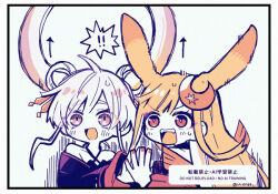  2girls alternate_hair_length_(longer) aqua_eyes aqua_hair braid braided_hair_rings cho_kaguya-hime! commentary_request hair_rings hand_to_hand kaguya_(cho_kaguya-hime!) looking_to_the_side multiple_girls open_mouth orange_hair rita_(56yellow) runami_yachiyo static_electricity 