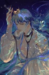  1boy air_bubble alternate_hair_length_(longer) blue_background blue_eyes blue_hair bubble buttons chinese_commentary commentary_request crown earrings gem highres jewelry long_hair looking_at_viewer loose_neck_ribbon love_and_deepspace male_focus merfolk merman monster_boy neck_ribbon open_clothes open_shirt parted_bangs parted_lips pearl puffy_sleeves rafayel_(love_and_deepspace) ribbon shi_ruo_ke_zhi shirt solo very_long_hair violet_eyes white_shirt 