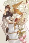  1boy black_shirt brown_footwear brown_hair brown_wings closed_eyes cup feathered_wings fingers_to_mouth flower granblue_fantasy j999 jewelry male_focus map necklace necktie pants pearl_necklace sandalphon_(granblue_fantasy) shirt sitting teacup vest white_pants wings 