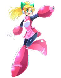  1girl absurdres aiming aqua_eyes arm_cannon arm_up armor armored_boots black_bodysuit black_sleeves blonde_hair bodysuit boots bow commentary creative_signature dress english_commentary full_body gloves gorget green_bow hair_between_eyes hair_bow hair_ribbon happy headphones heart helmet high_ponytail highres joints jumping knee_boots leg_lift long_hair mechanical_boots mega_man_(classic) mega_man_(series) mega_man_megamix open_mouth parted_bangs pink_armor pink_dress ponytail retro_fighting_robot ribbon robot_ears robot_joints roll_(mega_man) short_dress signature simple_background smile solo turtleneck two-tone_dress weapon white_background white_gloves 