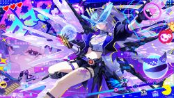  1girl bare_shoulders black_gloves blue-tinted_eyewear commentary_request drill_hair drill_ponytail eyewear_on_head fingerless_gloves fingernails foot_out_of_frame gloves gradient-tinted_eyewear grey_eyes grey_hair highres honkai:_star_rail honkai_(series) jacket long_hair looking_at_viewer navel official_alternate_costume open_clothes open_jacket open_mouth raxa9501 shirt silver_wolf_(honkai:_star_rail) silver_wolf_(lv.999)_(honkai:_star_rail) stomach thigh_strap tinted_eyewear white_shirt 