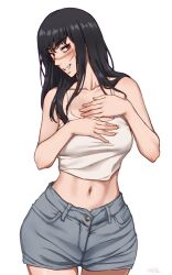  1girl bare_shoulders black_hair blush breasts chainsaw_man collarbone commentary_request crop_top cross_scar eyelashes hair_over_shoulder hands_on_own_chest highres long_hair long_sidelocks matomo medium_breasts naughty_face red_eyes ringed_eyes scar scar_on_cheek scar_on_face scar_on_nose short_shorts shorts sidelocks sleeveless smirk solo stomach wide_hips yoru_(chainsaw_man) 