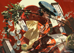  1girl absurdres black_hair branch commentary_request floral_print floral_print_kimono flower furisode hair_flower hair_ornament highres holding holding_branch japanese_clothes kimono looking_at_viewer mole mole_under_eye obi original print_kimono red_kimono sash seiza sitting solo watermark weibo_watermark wide_sleeves z3zz4 