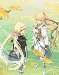  1boy 1girl abstract_background absurdres aether_(genshin_impact) alternate_costume alternate_hair_length_(longer) alternate_hairstyle arms_behind_back blonde_hair brother_and_sister chinese_clothes closed_mouth commentary_request expressionless fingerless_gloves flower foot_out_of_frame from_above full_body genshin_impact gloves hair_between_eyes hair_flower hair_ornament hair_ribbon highres long_hair long_sleeves looking_at_viewer low_twintails lumine_(genshin_impact) ponytail ribbon siblings twintails very_long_hair yellow_eyes zhishi_juanmaoyang 