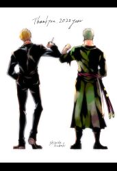  2020 2boys absurdres back black_suit blonde_hair cigarette commentary_request english_text full_body green_hair green_kimono hand_in_pocket highres holding holding_cigarette japanese_clothes kimono letterboxed male_focus multiple_boys one_piece roronoa_zoro sanji_(one_piece) sash shi_camellia8 short_hair suit sword weapon 