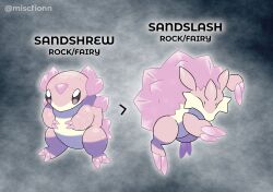  absurdres animal_focus character_name claws closed_eyes commentary crystal english_commentary english_text evolutionary_line fakemon full_body grey_background highres miscfionn no_humans pokemon pokemon_(creature) pokemon_focus sandshrew sandslash twitter_username 
