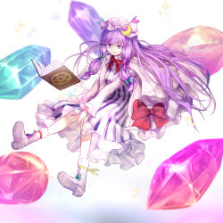  1girl blue_bow book boots bow commentary_request crescent crescent_hat_ornament crystal dress floating floating_book floating_object frilled_dress frills full_body grimoire hair_bow hat hat_ornament long_hair long_sleeves mob_cap multiple_hair_bows open_book patchouli_knowledge pink_bow pink_hat purple_hair solo striped_clothes striped_dress touhou vertical-striped_clothes vertical-striped_dress very_long_hair violet_eyes wakichimiu white_boots white_dress 