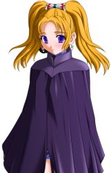  1girl 2000s_(style) ayato_yui blonde_hair blue_eyes blush cape cloak closed_mouth cowboy_shot earrings game_asset jewelry kourin_tenshi_en_ciel_rena large_variant_set light_smile long_hair looking_at_viewer lowres magical_girl non-web_source official_art orange_hair piena_melqual saitou_natsuki self-datamine simple_background smile solo standing tachi-e transparent_background twintails variant_set violet_eyes 