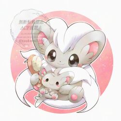  blush blush_stickers cinccino commentary_request grey_eyes hair_brush highres holding looking_down minccino no_humans pokemon pokemon_(creature) pokemon_focus sitting smile tsukasa_pika 