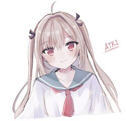 1girl ahoge atri atri-my_dear_moments- black_ribbon blue_sailor_collar blush brown_hair character_name closed_mouth commentary cropped_torso dress hair_between_eyes hair_ribbon long_hair looking_at_viewer neckerchief red_eyes red_neckerchief retugo_asa ribbon sailor_collar sailor_dress sidelocks simple_background smile solo two_side_up upper_body very_long_hair white_background white_dress 