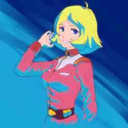  1girl ahoge blonde_hair blue_background blue_eyes breasts dress gundam highres medium_breasts medium_hair mobile_suit_gundam pink_dress profile sayla_mass smile solo upper_body zawabug 