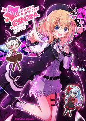  3girls beret birthday black_boots black_choker black_dress black_hat black_pantyhose black_shoes bloomers blue_eyes boots brown_dress brown_hair brown_pantyhose choker commentary_request cosplay costume_switch crack cracked_glass dress flower gochuumon_wa_usagi_desu_ka? gradient_hair happy_birthday hat hat_flower highres hoto_cocoa hoto_cocoa_(cosplay) kafuu_chino mahou_shoujo_no_majo_saiban mosaic_pattern multicolored_hair multiple_girls nikaido_hiro nikaido_hiro_(cosplay) o-ring o-ring_thigh_strap open_mouth pantyhose pink_eyes pink_hair pointing sakuraba_ema sakuraba_ema_(cosplay) shoes stained_glass thigh_strap triangle_mouth violet_eyes white_hair yurume_atsushi 