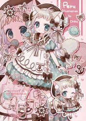  1girl :o ;o absurdres animal_ear_fluff animal_ears apron artist_name blush bow bowtie brown_bow brown_bowtie brown_hat brown_shoes cat_ears cat_girl cat_tail chibi chibi_inset chiko_(star_pocco) closed_mouth commentary_request dress drop_shadow food frilled_apron frilled_dress frilled_sleeves frills full_body green_dress green_eyes grey_hair hair_bow hat heart highres holding holding_food holding_ice_cream ice_cream long_hair looking_at_viewer one_eye_closed open_mouth outline pink_background polka_dot polka_dot_dress shoes short_sleeves smile socks standing striped_bow striped_bowtie striped_clothes tail thick_eyebrows watermark white_bow white_bowtie white_outline white_socks 