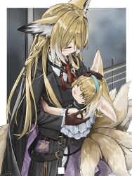  2girls animal_ear_fluff animal_ears arknights black_cape black_jacket blonde_hair blue_hairband braid brown_gloves cape closed_eyes collared_shirt commentary fox_ears fox_girl fox_tail frills gloves green_eyes hairband headpat height_difference highres hug infection_monitor_(arknights) jacket lapels long_hair long_sleeves looking_at_another material_growth mother_and_child mother_and_daughter multicolored_hair multiple_girls necktie o-ring one_eye_closed open_mouth oripathy_lesion_(arknights) parent_and_child red_necktie scar scar_on_cheek scar_on_face shirt short_hair smile streaked_hair suzuran_(arknights) tail tassel two-sided_cape two-sided_fabric vulpisfoglia_(arknights) waichi white_hair white_shirt white_tail yellow_tail 