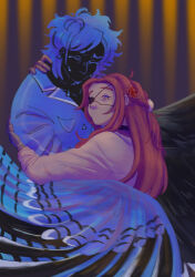  1boy 1girl absurdres ahoge alternate_universe bird_wings black_choker blue_eyes choker closed_eyes commentary crying diana_(kyokugen_dasshutsu) english_commentary eyepatch feathered_wings flower gloves grey_gloves hair_flower hair_ornament highres hug kyokugen_dasshutsu kyokugen_dasshutsu_adv:_zennin_shibou_desu long_hair long_sleeves no_mouth orange_hair pelmendraws short_hair sigma_(kyokugen_dasshutsu) tears wings zero_escape:_toki_no_dilemma 