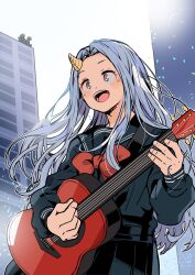  1girl 2boys :d acoustic_guitar bakugou_katsuki bloom blue_hair blue_sailor_collar blue_shirt blue_skirt blush boku_no_hero_academia bow bowtie bright_pupils building chiyaya concert curtained_hair double_horizontal_stripe eri_(boku_no_hero_academia) floating_hair forehead guitar hands_up happy highres holding holding_guitar holding_instrument horns instrument long_hair long_sleeves looking_ahead looking_at_another midoriya_izuku multiple_boys on_rooftop open_mouth outdoors outline parted_bangs partially_colored playing_guitar playing_instrument pleated_skirt puffy_long_sleeves puffy_sleeves red_bow red_bowtie red_eyes sailor_collar school_uniform shirt short_hair shoulder_strap side-by-side single_horn sitting skirt smile solo_focus spiky_hair spoilers triangle upper_body white_outline white_pupils yellow_horns 