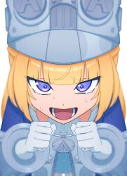  1girl 410_82_33620 blonde_hair blue_jacket crying crying_with_eyes_open garter_straps gloves grey_hat grey_helmet hands_up hat helmet highres jacket large_hat long_hair looking_at_viewer lower_teeth_only norma_hollowell open_mouth shako_cap simple_background solo sweat tears teeth tongue upper_body very_long_hair violet_eyes white_background white_garter_straps white_gloves zenless_zone_zero 