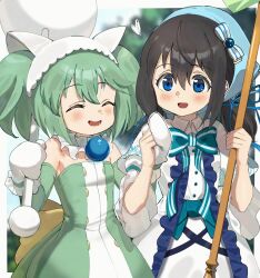 2girls :d ^_^ animal_hat bare_shoulders blue_eyes blue_headscarf blue_ribbon blurry blurry_background blush bow capelet cat_hat chiaki_riko chitose_yuma closed_eyes collared_shirt commentary dress food_pick gem_hair_ornament green_hair hat headscarf heart highres hitoshi_suda holding holding_hands holding_staff holding_weapon juliet_sleeves long_sleeves low_twintails magia_record:_mahou_shoujo_madoka_magica_gaiden magical_girl mahou_shoujo_madoka_magica mahou_shoujo_oriko_magica mittens multiple_girls open_mouth outdoors outline puffy_sleeves ribbon shirt short_hair short_sleeves short_twintails sky smile soul_gem staff tree twintails two_side_up weapon white_capelet white_dress white_mittens white_outline white_shirt