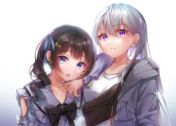 2girls arm_on_another's_shoulder bag bare_shoulders black_bag black_bow black_bowtie blue_eyes blue_ribbon blue_shirt bow bowtie breasts brown_hair buttons center_frills clothing_cutout coat collarbone collared_shirt dot_nose drill_hair earrings fanny_pack flower flower_earrings frilled_shirt_collar frilled_sleeves frills gradient_background grey_coat grey_hair hair_between_eyes hair_ornament hair_ribbon hairclip happy height_difference highres higuchi_kaede higuchi_kaede_(spring_casual) hood hood_down hooded_coat jewelry jirai_kei large_breasts light_blush light_smile long_hair long_sleeves looking_at_viewer loose_hair_strand multiple_girls nijisanji open_clothes open_coat open_mouth parted_lips pocket poe_(528yuzunon) puffy_long_sleeves puffy_sleeves ribbon shirt shoulder_cutout side_ponytail simple_background straight_hair t-shirt talking teeth tsukino_mito tsukino_mito_(jirai_kei) upper_body upper_teeth_only very_long_hair violet_eyes virtual_youtuber white_background white_flower white_shirt 