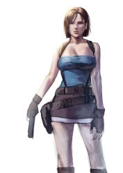  1girl absurdres black_gloves black_skirt blue_tube_top brown_hair commentary fingerless_gloves gloves gun handgun highres holding holding_gun holding_weapon jill_valentine kiyotsuguwak looking_at_viewer miniskirt resident_evil resident_evil_3:_nemesis short_hair simple_background skirt strapless tube_top weapon white_background 