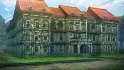  abandoned absurdres artist_request balcony blue_sky clouds day door game_asset highres mansion moss no_humans outdoors overgrown scenery sky stairs third-party_source touhou touhou_spell_carnival tree window 