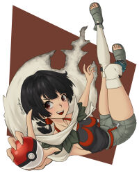  1girl azurdraws black_hair black_shirt breasts brown_eyes cape commentary eyelashes full_body grey_sandals grey_shorts highres holding holding_poke_ball open_mouth poke_ball poke_ball_(basic) pokemon pokemon_omega_ruby_and_alpha_sapphire sandals shirt short_hair shorts simple_background smile socks solo teeth toenails toes torn_cape torn_clothes twitter_username upper_teeth_only white_cape white_socks zinnia_(pokemon) 