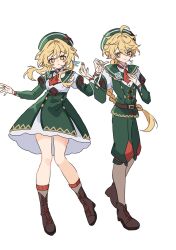  1boy 1girl aether_(genshin_impact) ahoge alternate_costume baggy_pants belt beret blonde_hair blush boots braid brother_and_sister brown_belt brown_boots capelet closed_mouth dress earrings feather_hair_ornament feathers fingernails full_body genshin_impact green_capelet green_dress green_hat green_pants green_vest grey_socks hair_between_eyes hair_ornament hand_on_own_chest hands_up hat hat_ornament highres jewelry juliet_sleeves long_hair long_sleeves looking_at_viewer low-braided_long_hair low-tied_long_hair lumine_(genshin_impact) necktie pants puffy_sleeves red_necktie satou_(satopurin33) shirt short_hair siblings sidelocks simple_background single_braid single_earring smile socks standing teeth two-tone_dress vest wavy_hair white_background white_dress white_shirt x_hat_ornament yellow_eyes 