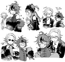  100meltdowns 1girl 2boys :d amemiya_darumi aotsuki_eito arm_strap bare_shoulders blush broken_eyewear china_dress chinese_clothes commentary dress english_commentary english_text facial_mark fur-trimmed_jacket fur_trim glasses gloves hair_bun hand_in_another's_clothes highres jacket long_hair multicolored_hair multiple_boys multiple_views official_alternate_costume one_eye_closed screentones short_hair sleeveless sleeveless_dress smile squinting streaked_hair sumino_takumi the_hundred_line_-last_defense_academy- tickling tongue tongue_out 