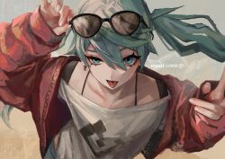  1girl adjusting_eyewear aqua_eyes aqua_hair arm_up artist_name cardigan commentary_request earrings eyewear_on_head fingernails hair_between_eyes hamicyomi hand_on_eyewear hand_up hatsune_miku highres jewelry looking_at_viewer red_cardigan shirt solo suna_no_wakusei_(vocaloid) sunglasses tagme tongue tongue_out vocaloid white_shirt 