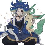  1boy adaman_(pokemon) blue_coat blue_hair closed_mouth coat collar collarbone commentary_request earrings eyebrow_cut green_hair hand_wraps jewelry leafeon male_focus multicolored_hair pokemon pokemon_(creature) pokemon_(game) pokemon_legends:_arceus ponytail sagemaru-br signature smile twitter_username white_background 