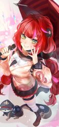  1girl animal blush braid cardigan chest_bow commentary_request from_above full_body green_eyes hair_ornament highres holding holding_umbrella htbjca3l kamanosuke_(zenless_zone_zero) long_hair looking_at_viewer pink_cardigan raccoon red_hair red_umbrella smile sphere_hair_ornament tanuki teeth thigh_strap twin_braids twintails ukinami_yuzuha umbrella zenless_zone_zero 