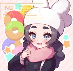  1girl :d ansha_(pokemon) black_hair black_jacket blue_eyes blush commentary_request doughnut eyelashes food hanao_nana hand_up happy hat jacket long_hair long_sleeves open_mouth pink_scarf pokemon pokemon_legends:_z-a scarf smile solo upper_body watermark white_hat 